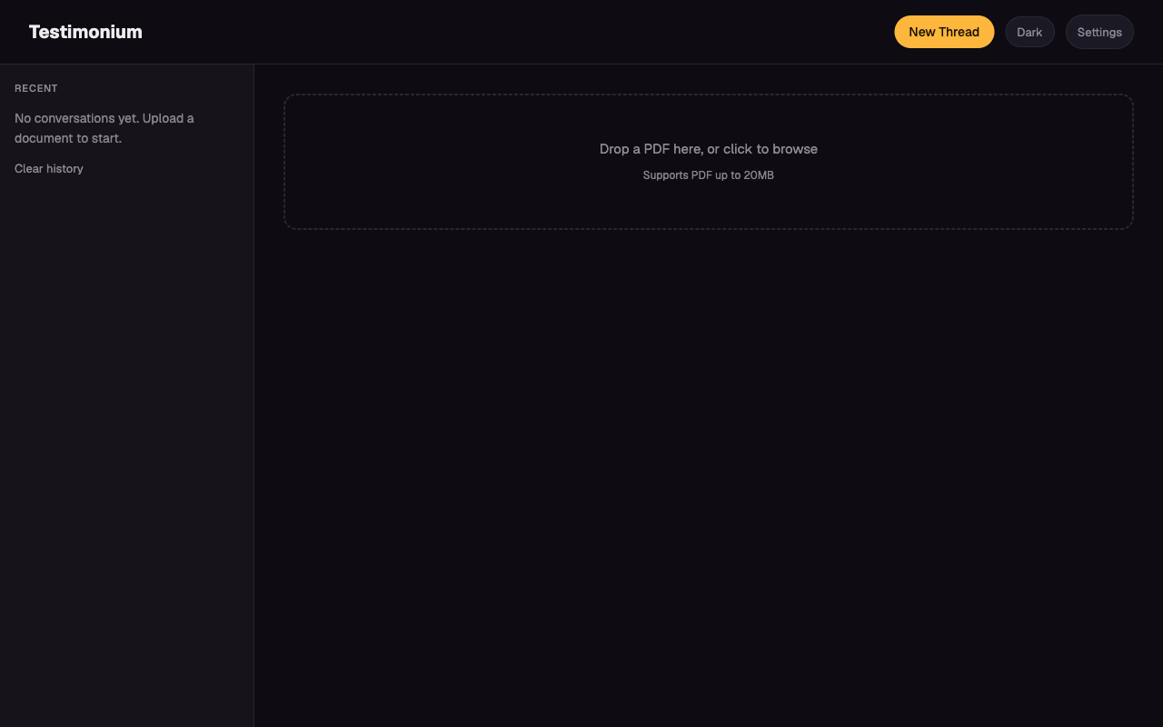 Testimonium's original pre-redesign interface, a plain dashed upload dropzone with text-only buttons