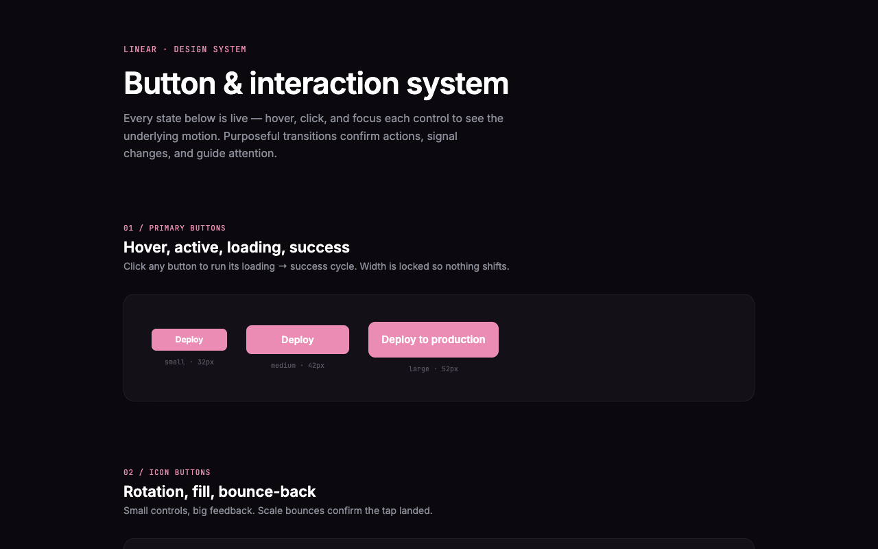 Linear Interaction States. A tactile interaction system with hover physics, optimistic loading states, and success confirmations.