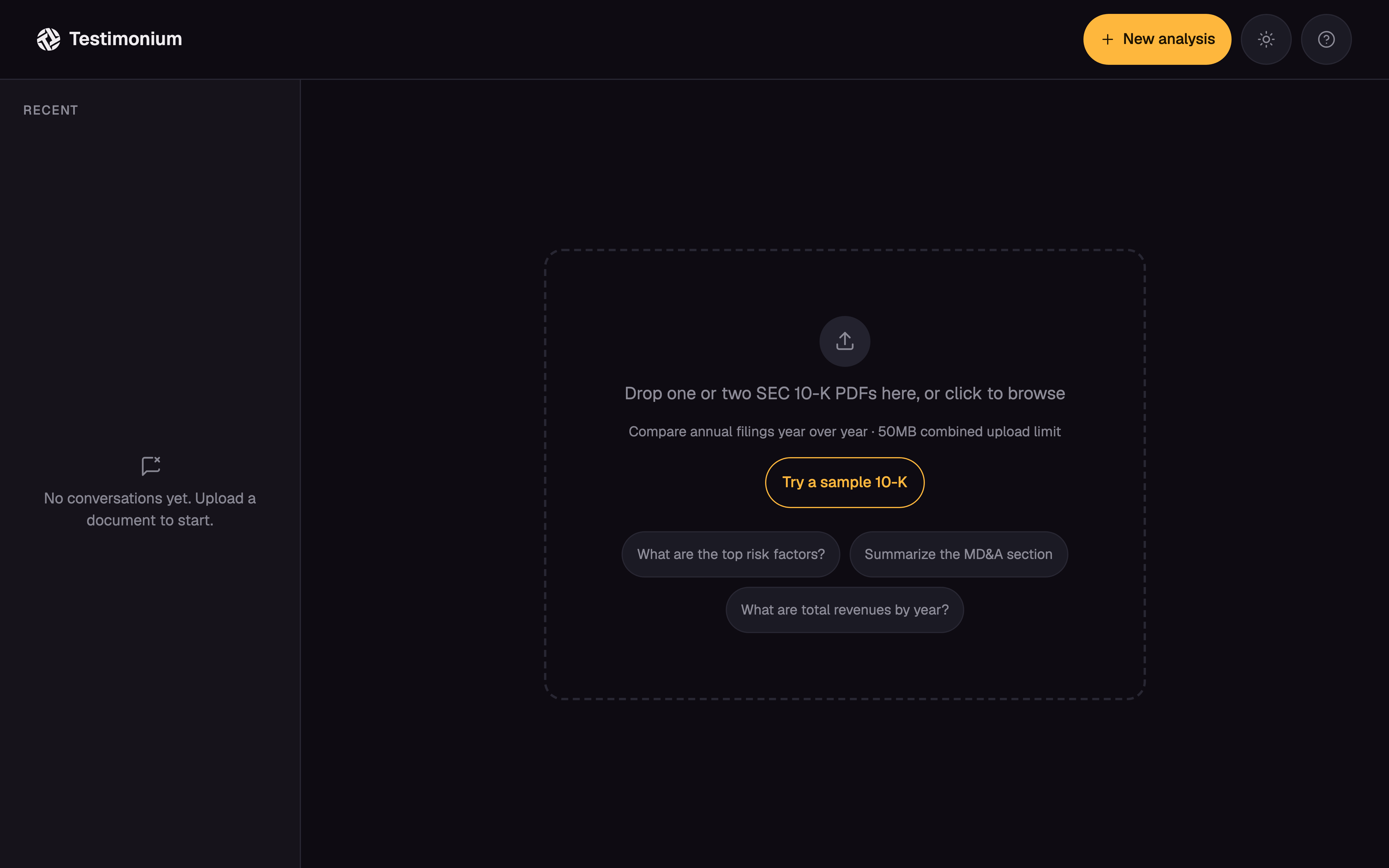 Final upload state in the live app, a centered drop zone with sample filing and example-question actions