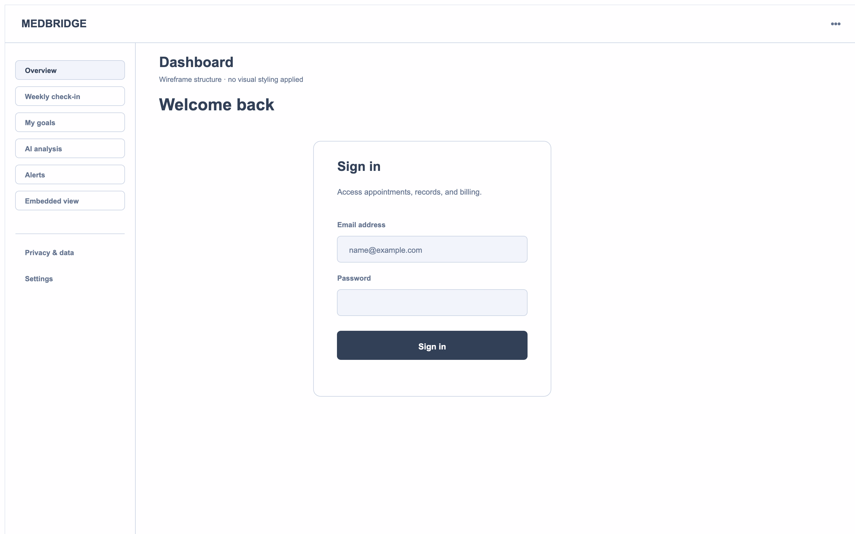 Lo-fi sign-in wireframe with email and password fields and Google SSO option