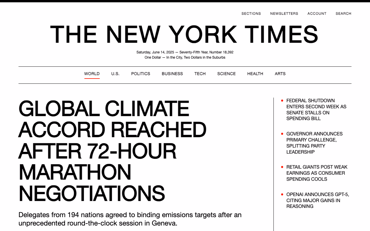NYT Swiss Redesign. An editorial homepage rebuilt around baseline grid discipline and asymmetric whitespace.