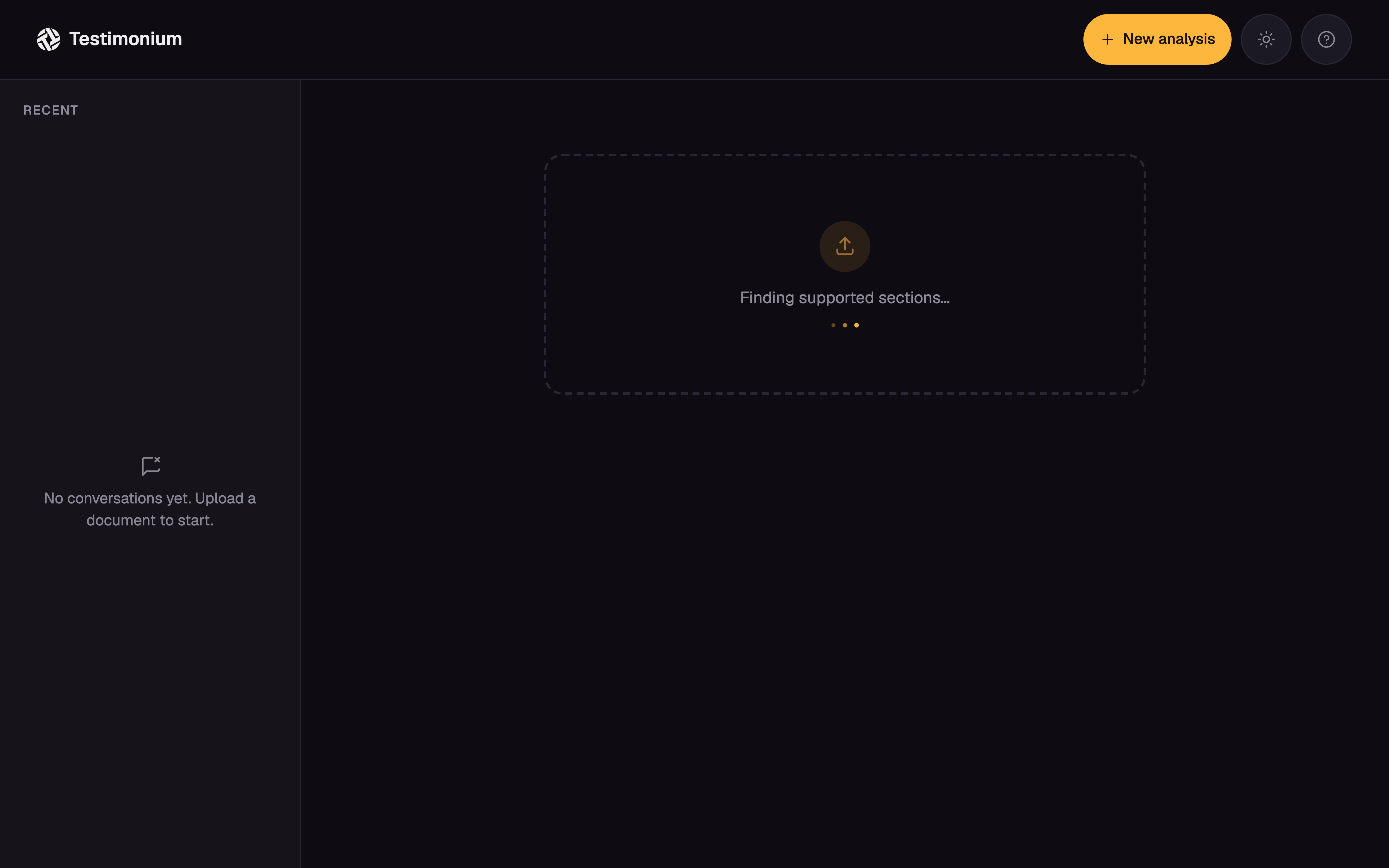 Testimonium upload in progress, showing extraction, chunking, and indexing stages