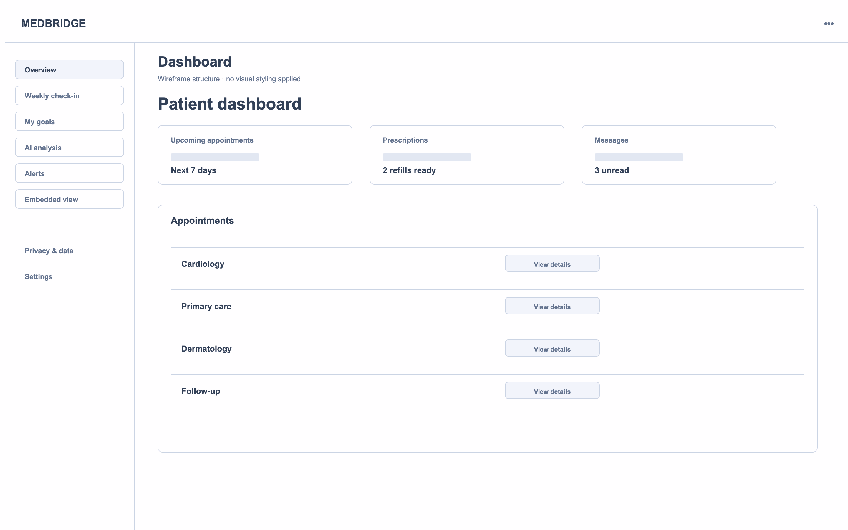 Lo-fi appointments wireframe with tab filters and a dense appointments table