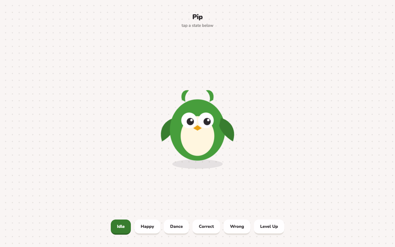 Pip Mascot State Machine. A character animation system driven by interaction state machines (idle, happy, celebrate, and level-up).