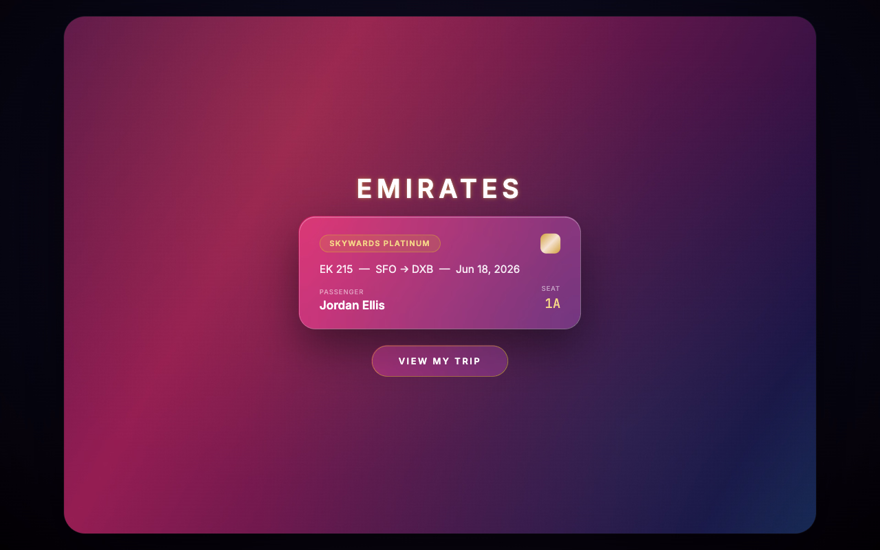 Emirates Vision Pro. A 3D spatial boarding pass with interactive card flips, live flight maps, and IFE seat selection.