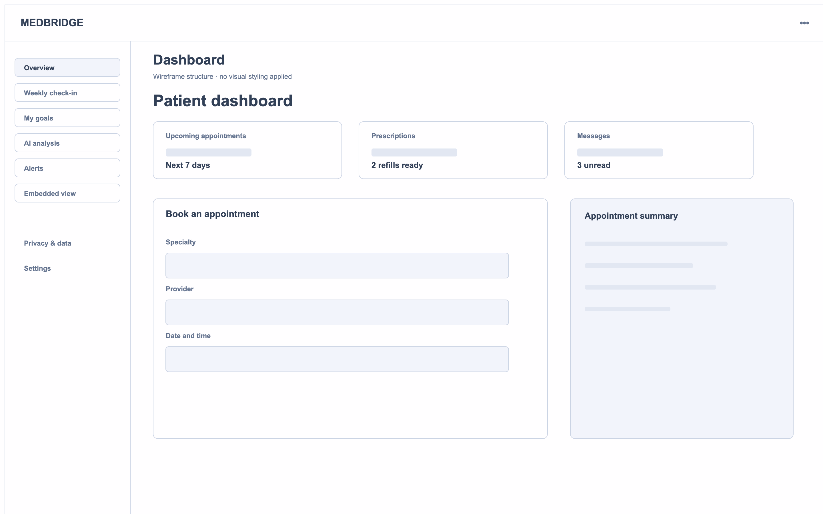Lo-fi book appointment wireframe with provider, date, and time-slot steps and a persistent summary panel