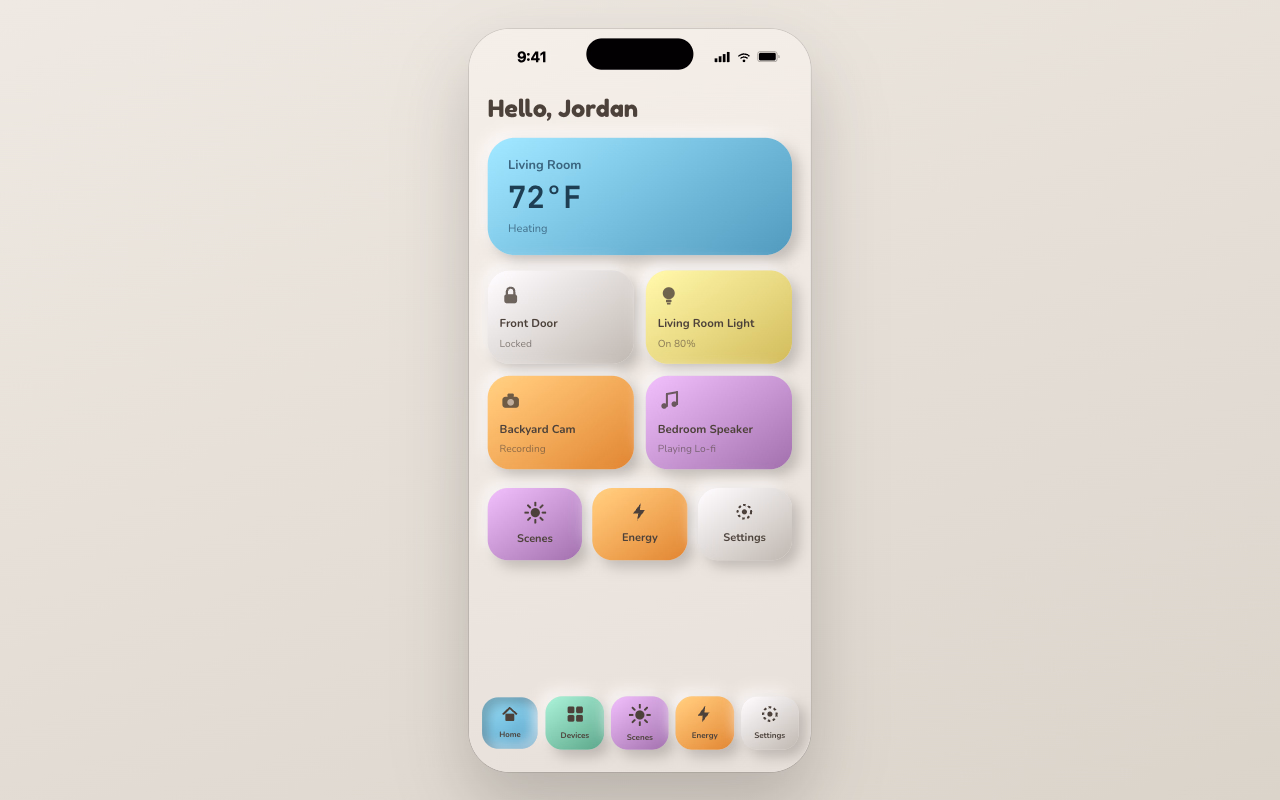 Nest Clay. A friendly smart-home interface with soft dome shadows and tactile ambient dials.