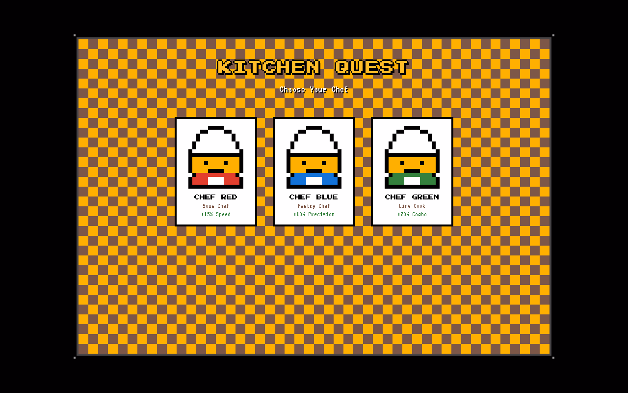 Kitchen Quest. A retro pixel-grid interface exploring fixed-grid layouts, chef selection, and XP reward loops.