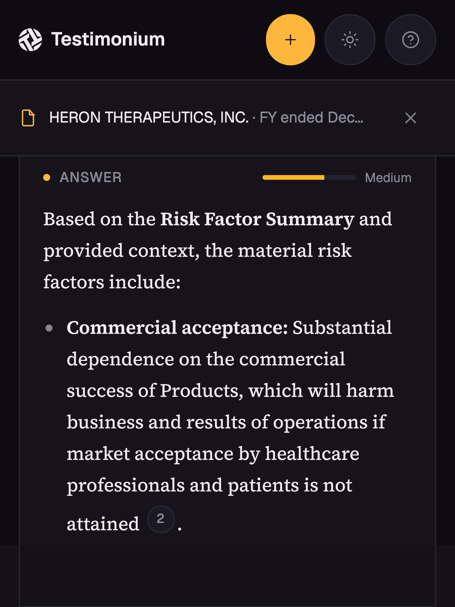 Mobile Testimonium answer card with one complete cited risk factor
