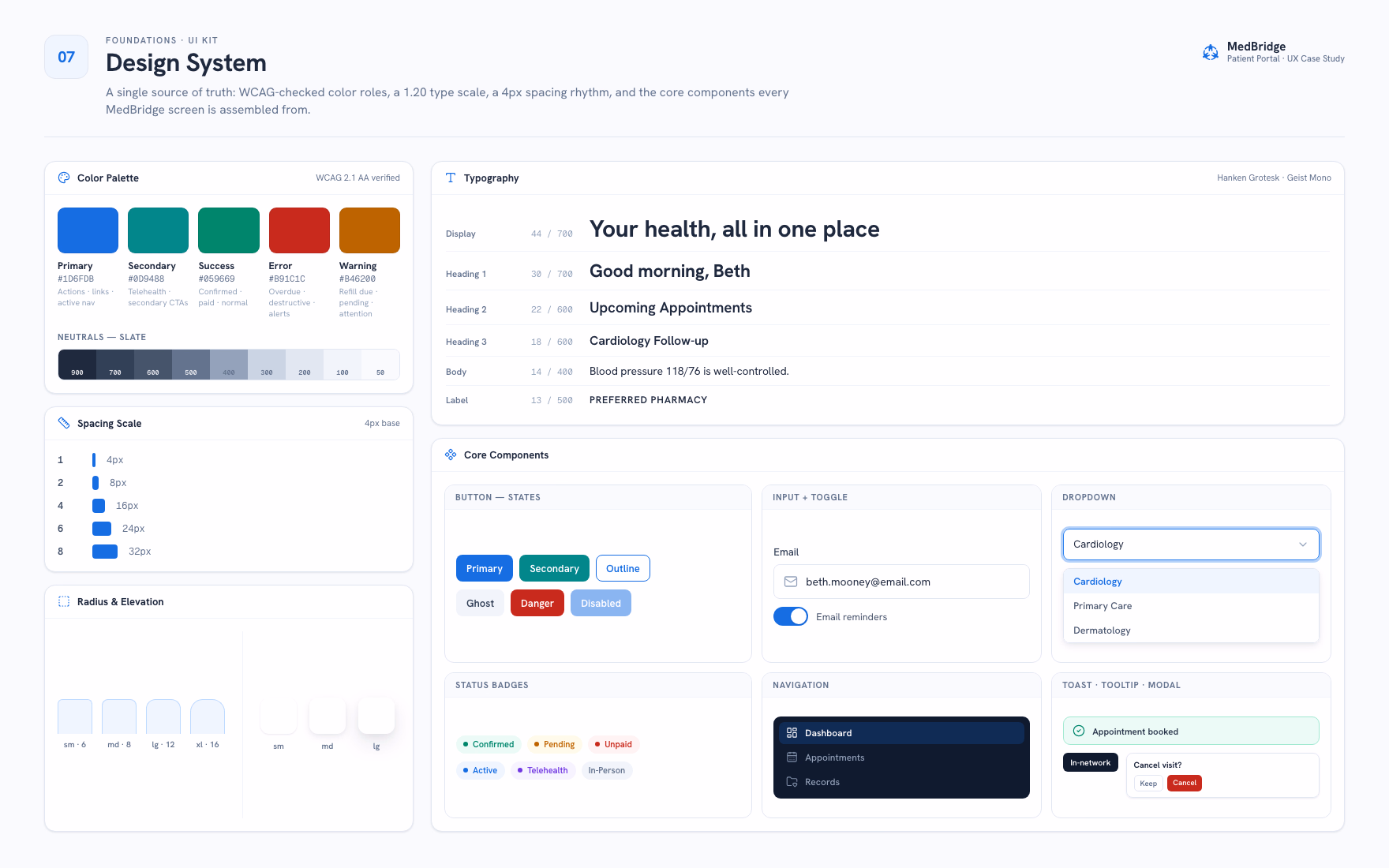 MedBridge design system foundations, color palette, typography, spacing scale, and core components