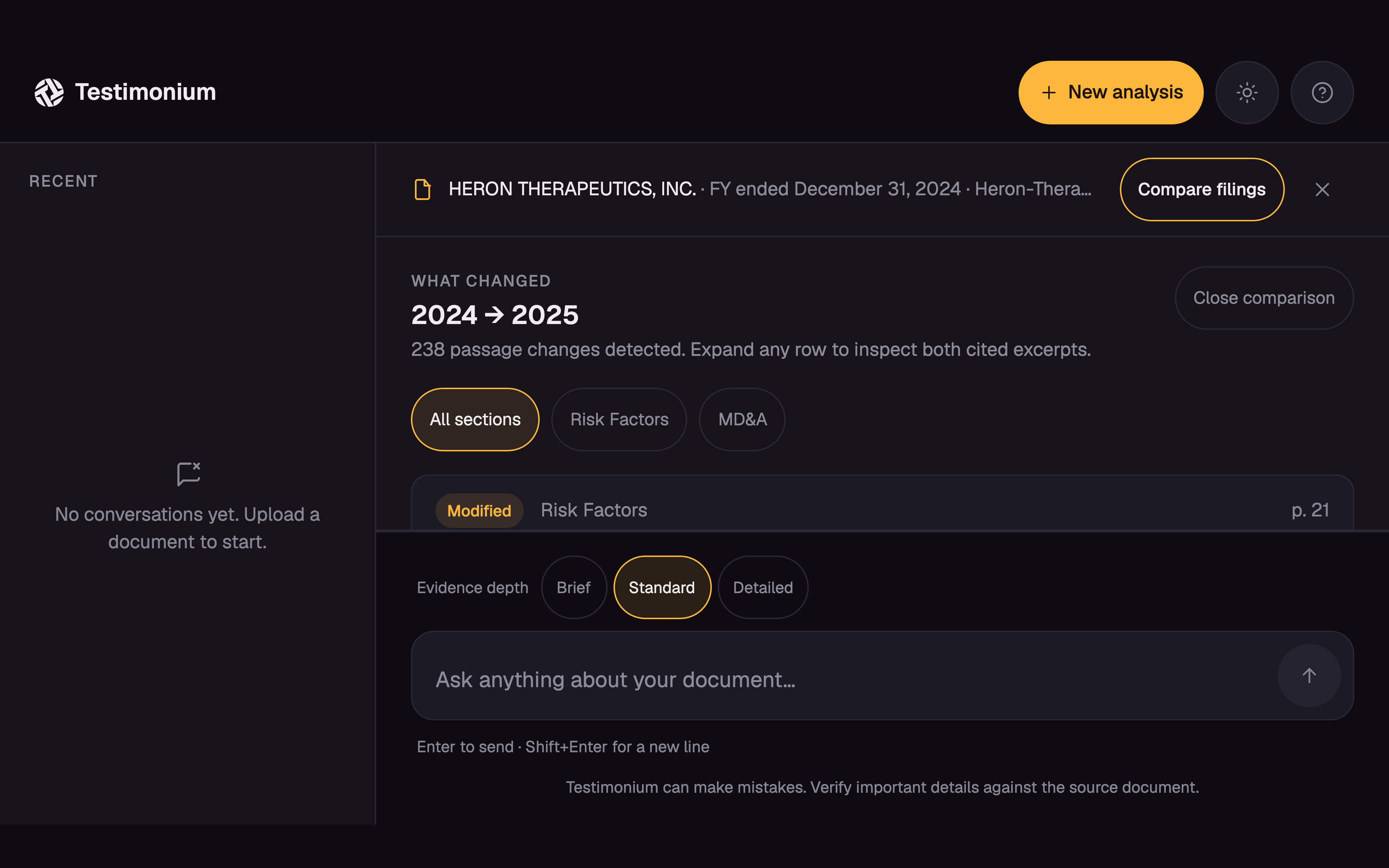 The live Testimonium comparison panel showing 2024 and 2025 filing excerpts side by side