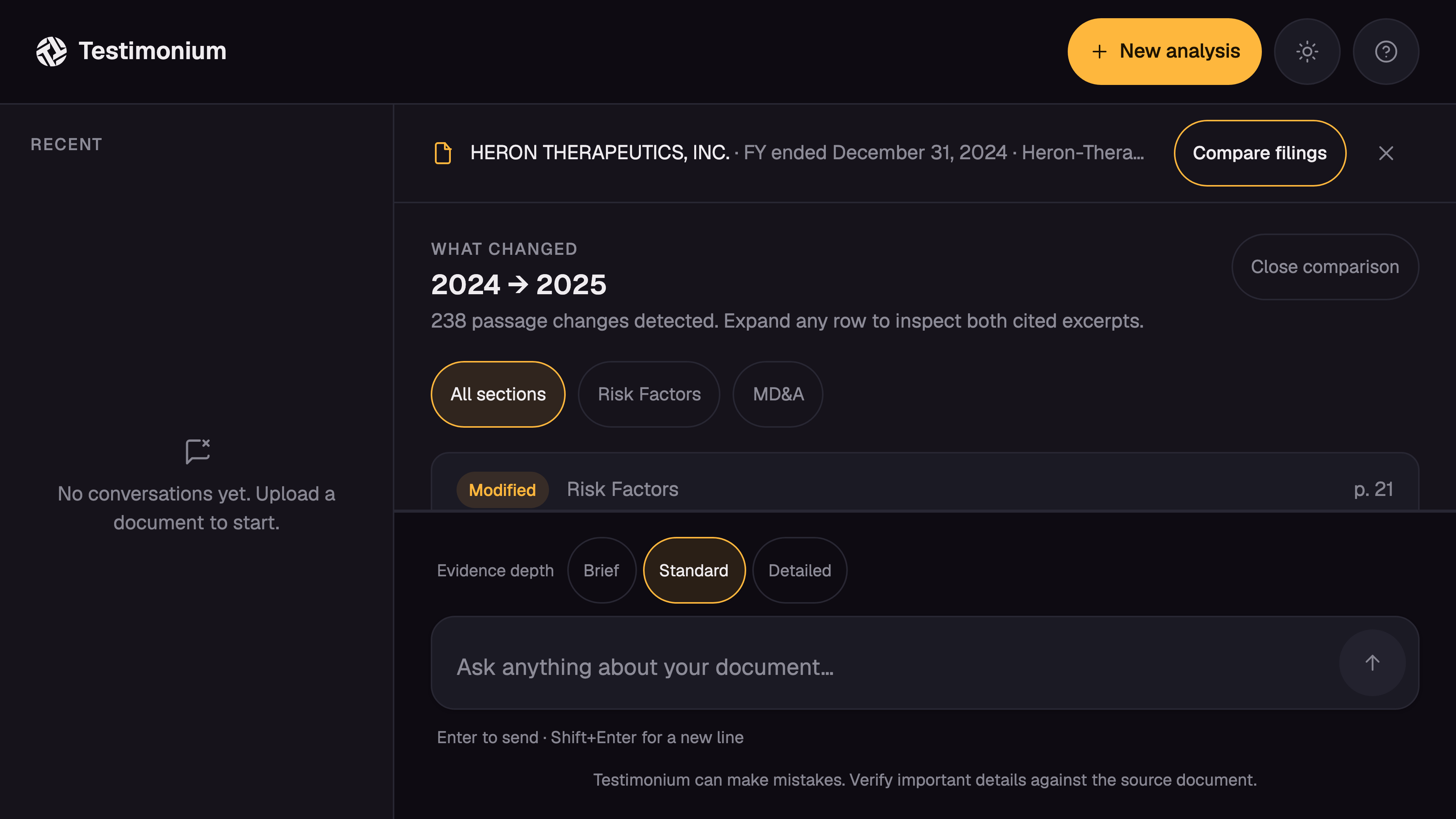 The live What Changed comparison panel showing 2024 and 2025 filing excerpts side by side