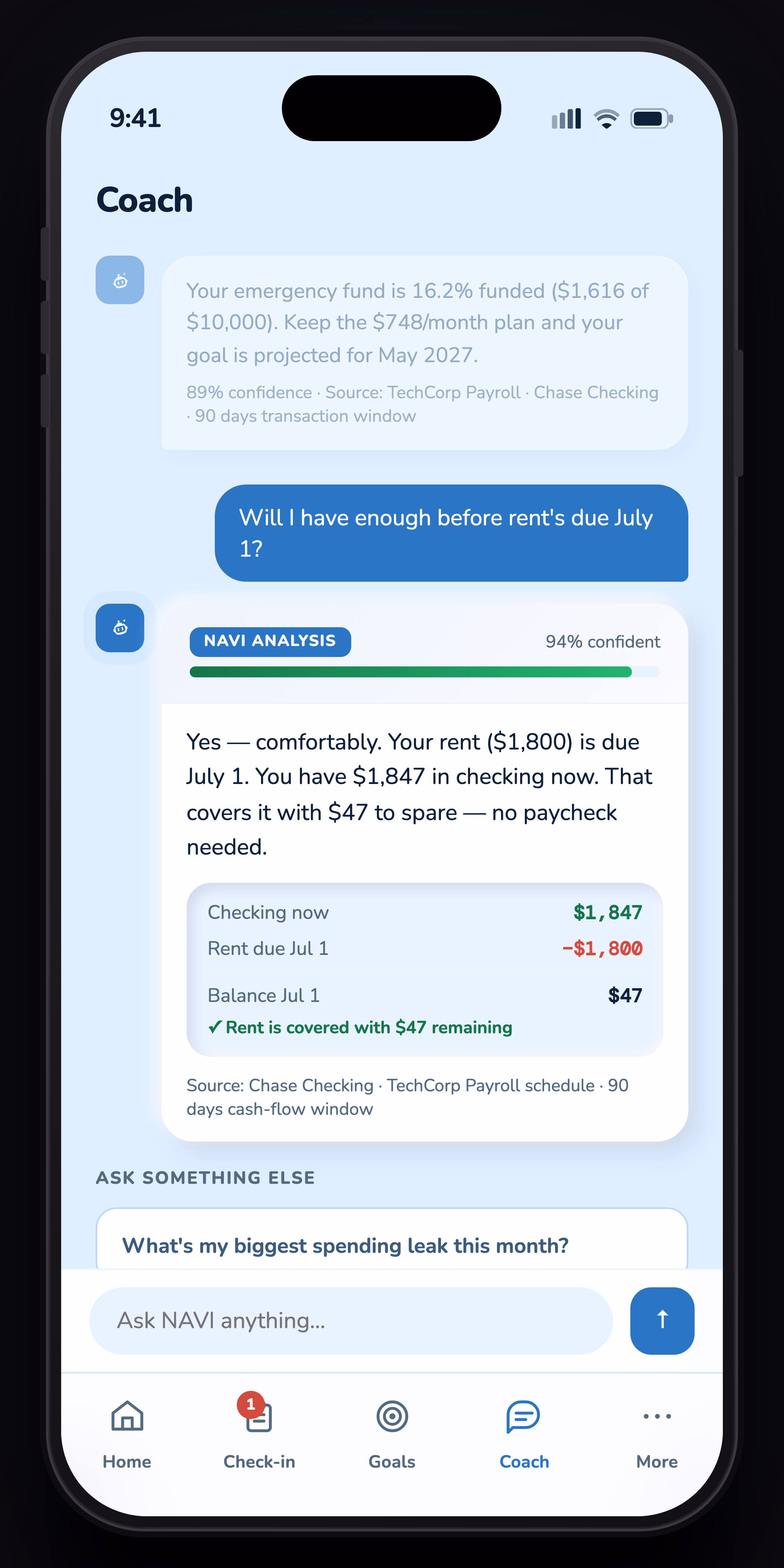 NAVI mobile coach screen annotated with three research-driven design decisions