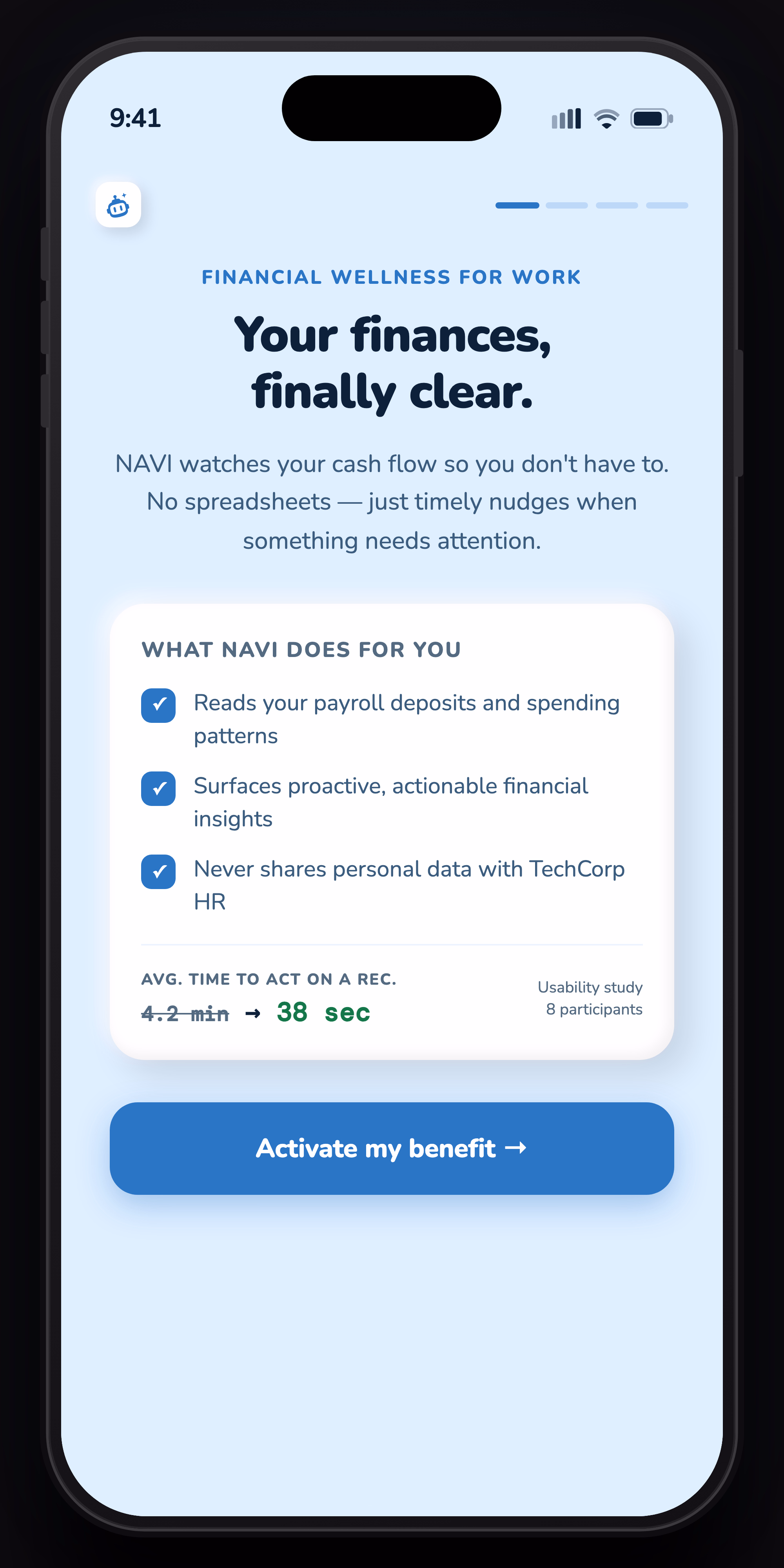 Mobile onboarding, claymorphism, sky-blue background, benefit checklist card