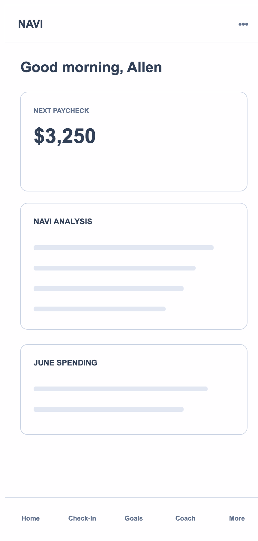 Lo-fi mobile dashboard wireframe with paycheck card and NAVI Analysis badge