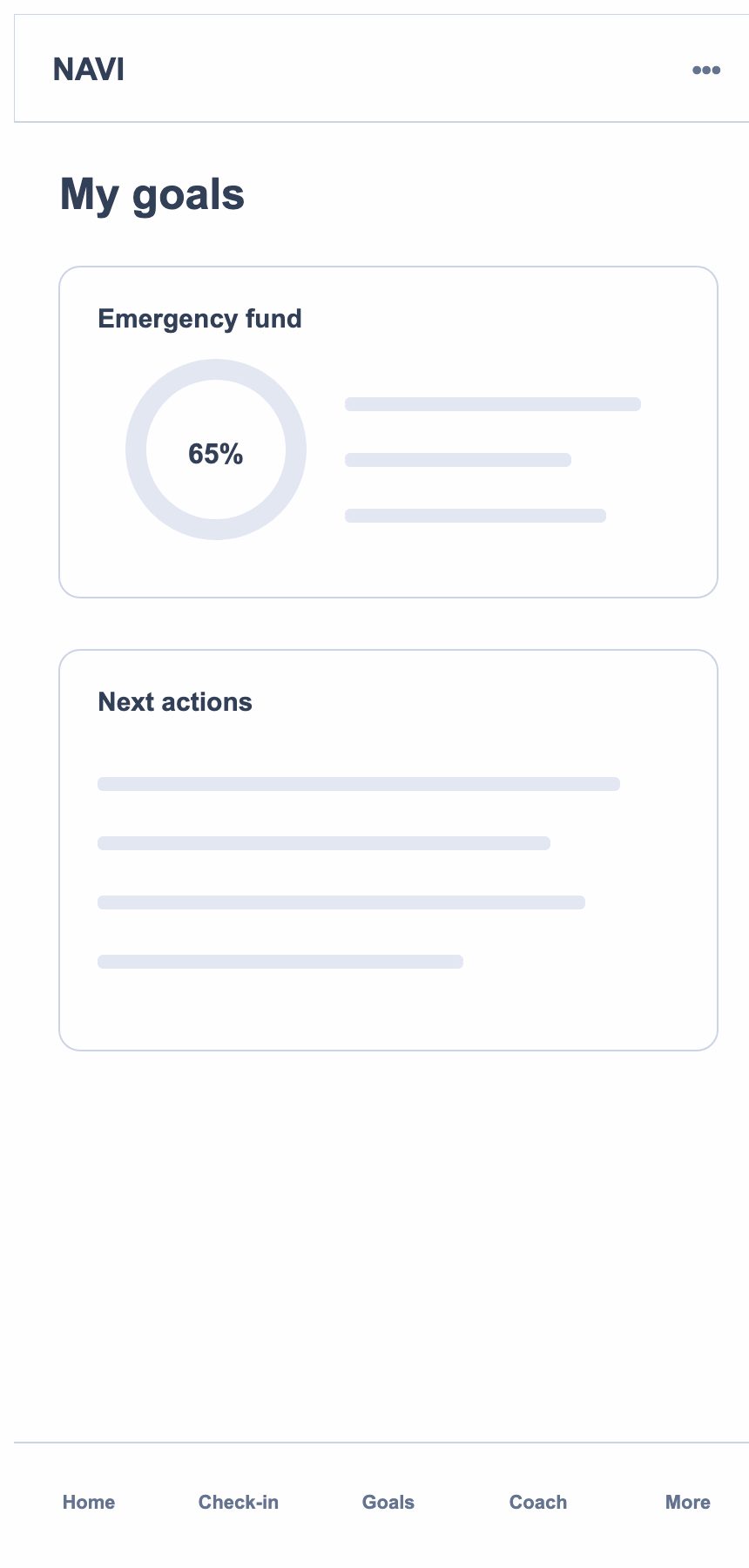 Lo-fi mobile goals wireframe with progress ring, plan card, and next actions list