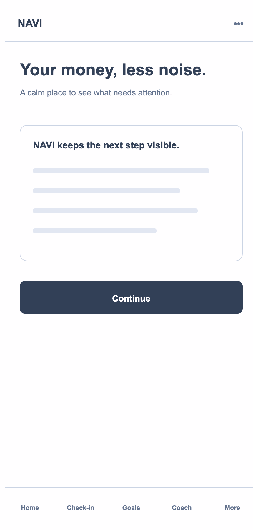 Lo-fi mobile onboarding wireframe with single-column value-prop checklist card