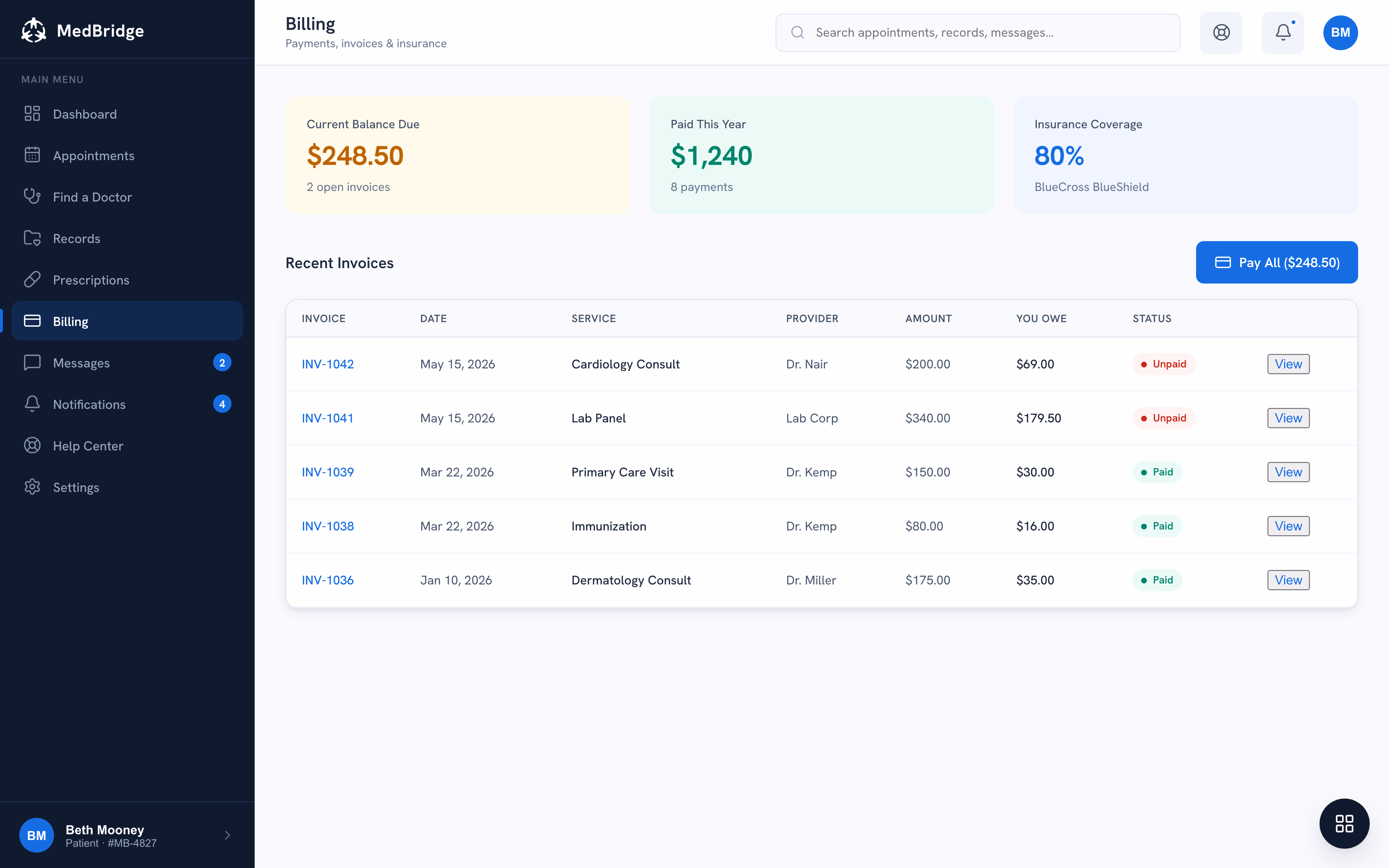 Billing overview with invoices, insurance coverage, and payment history