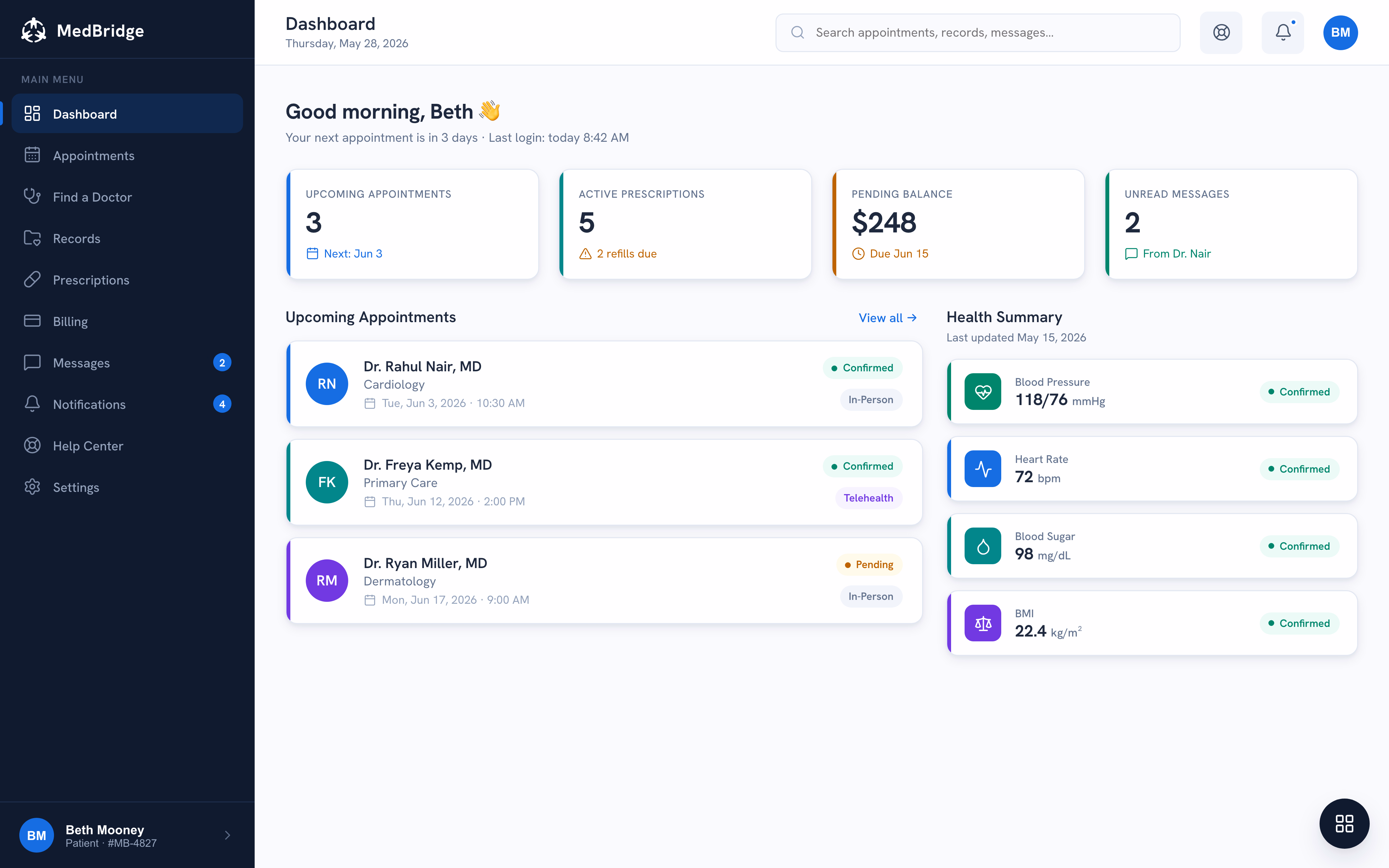 Patient dashboard, appointments, prescriptions and health summary