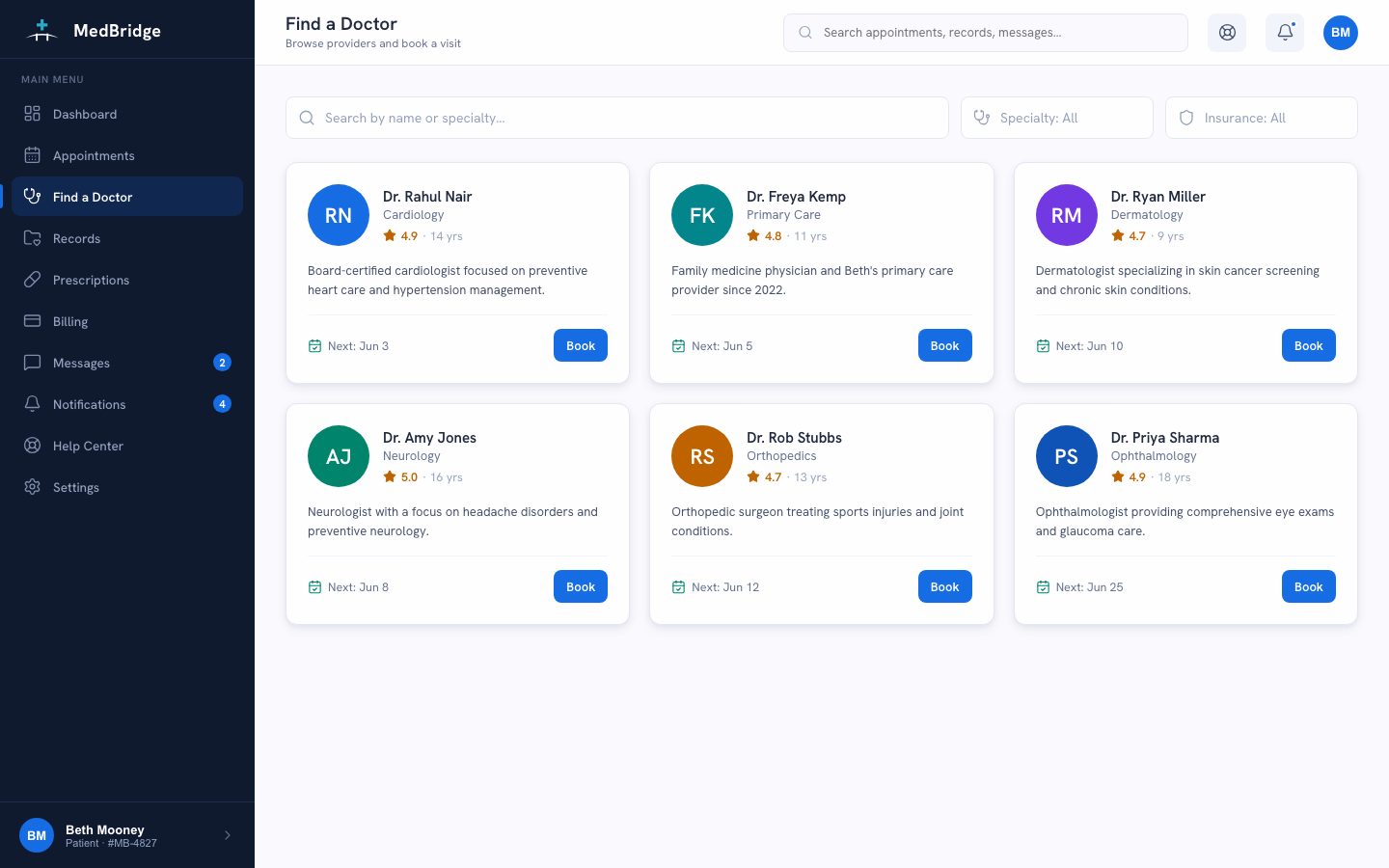MedBridge find-a-doctor screen annotated with three research-driven design decisions