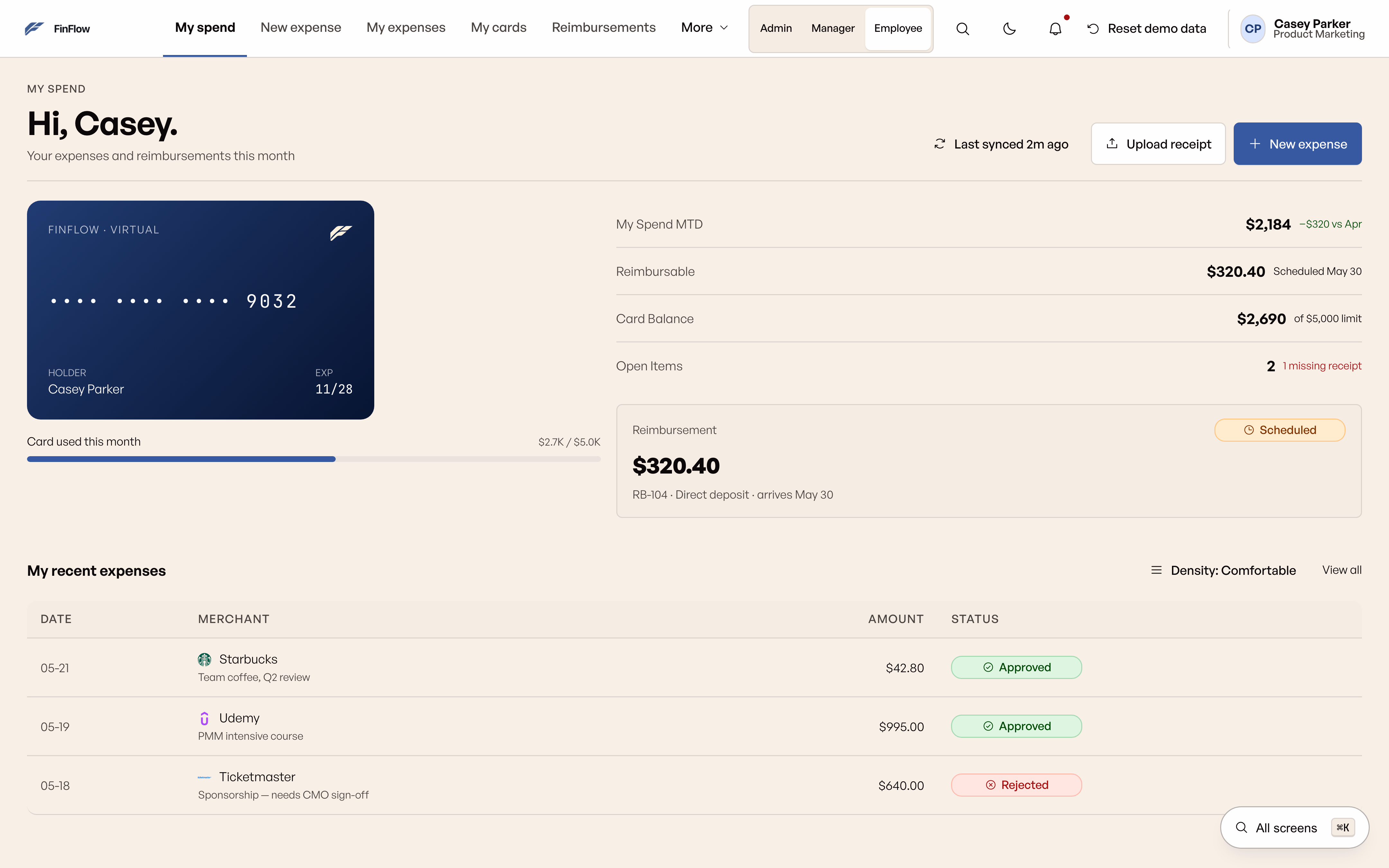 Employee dashboard with three annotated components