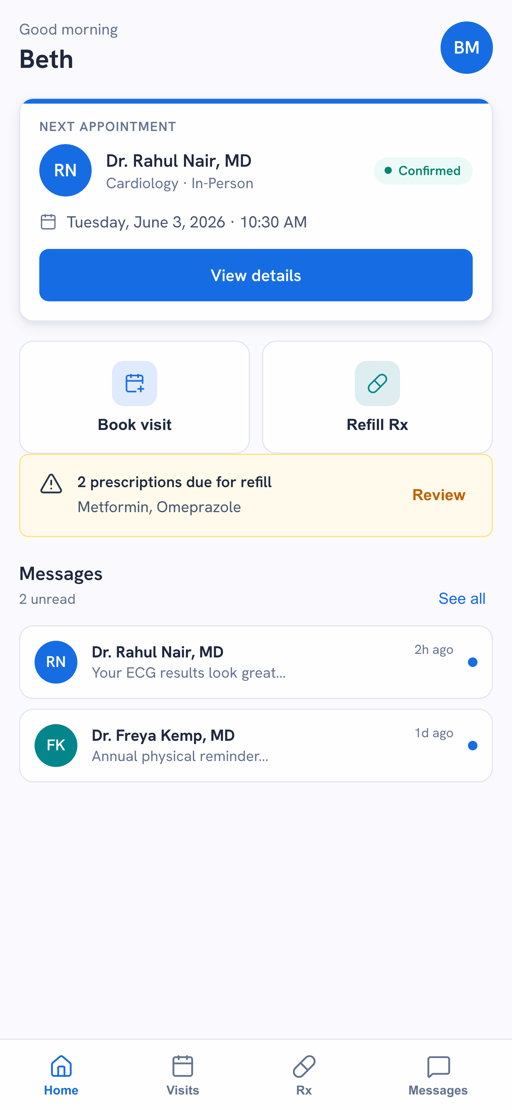 Mobile patient home with appointments, prescriptions, and care summary