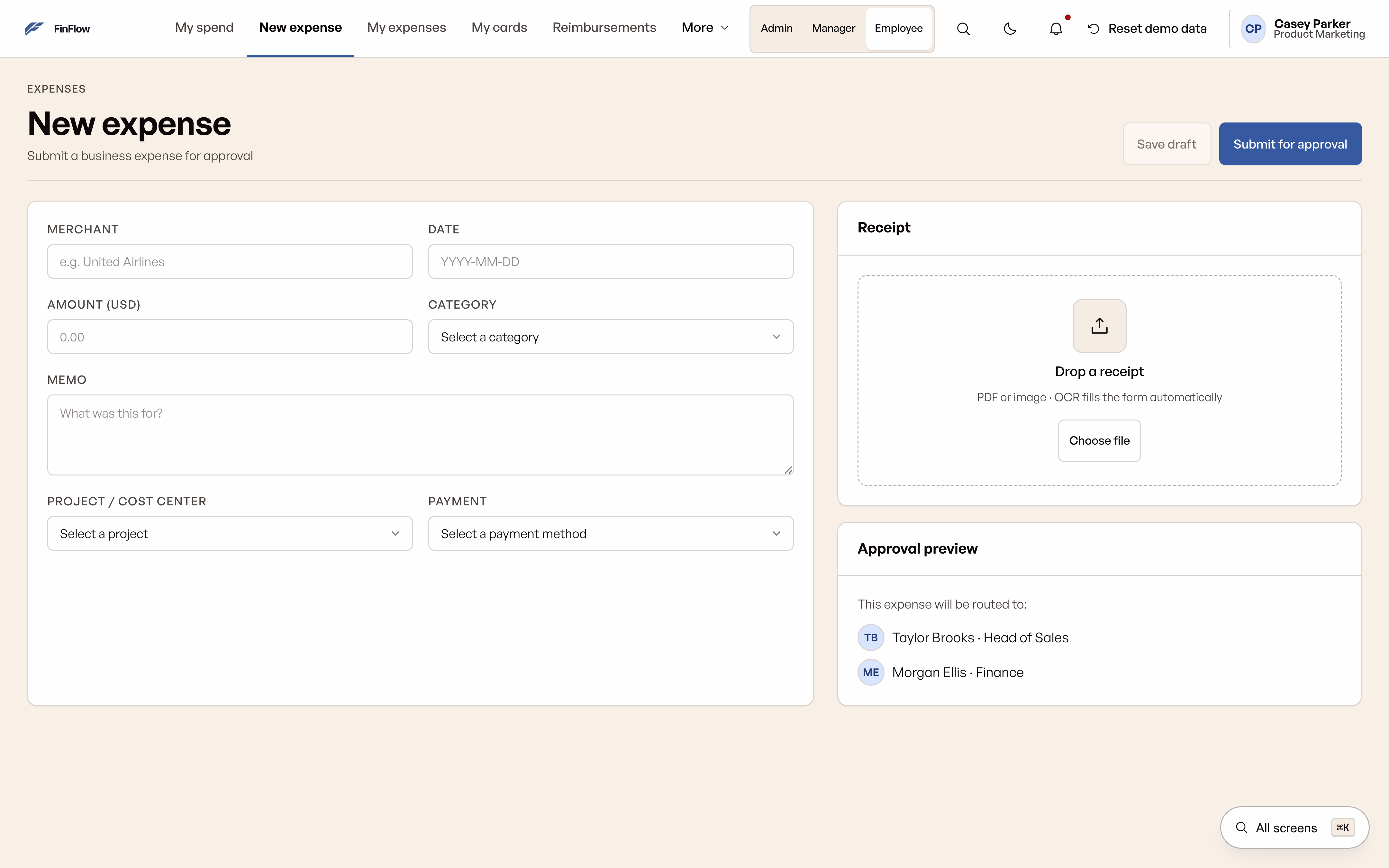 Current expense form with receipt upload and approval preview