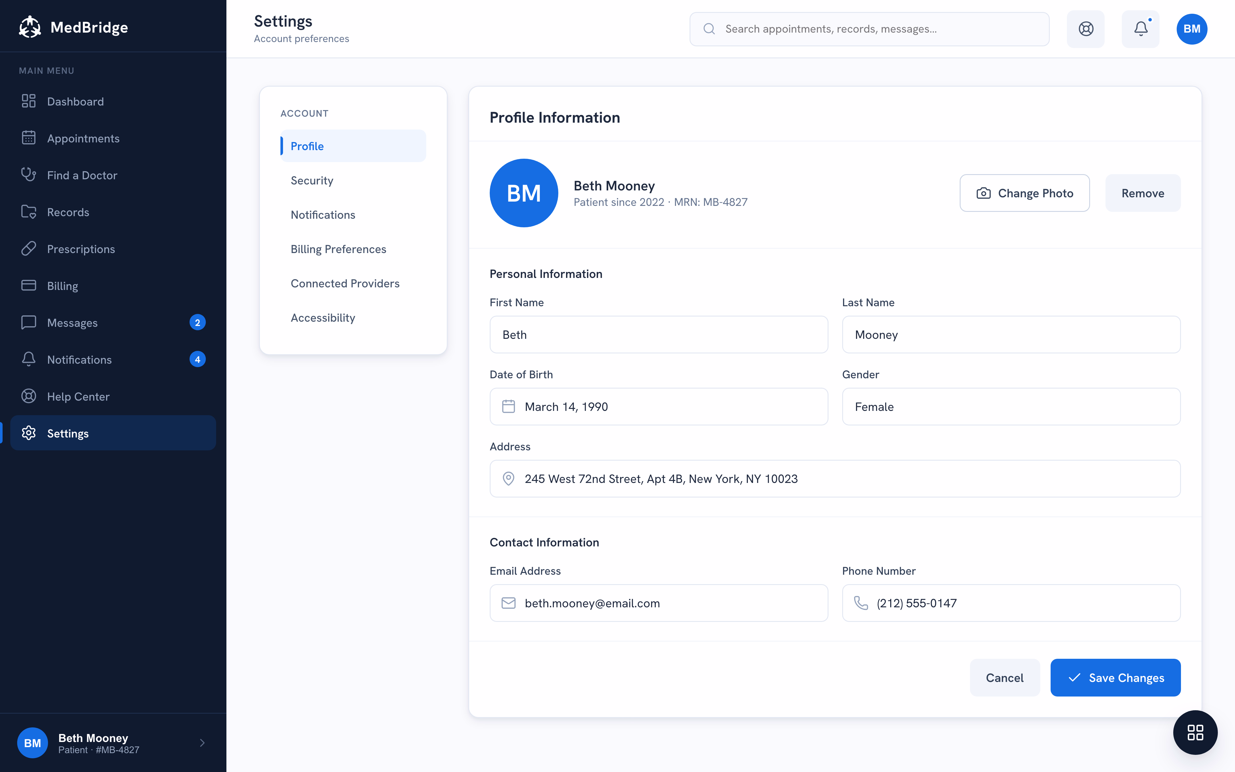 Patient profile and notification preferences