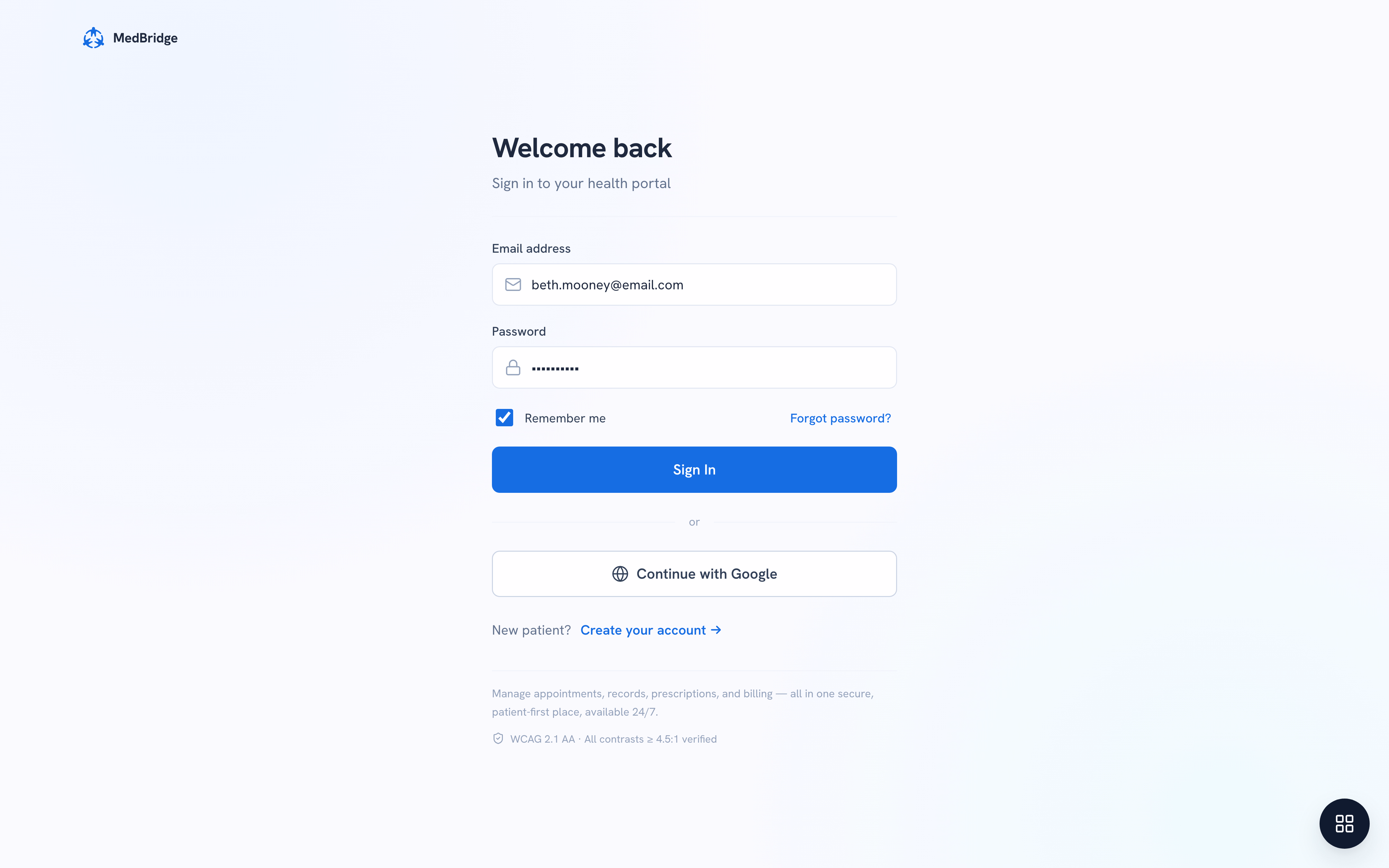 Secure sign-in with accessible focus indicators and error states