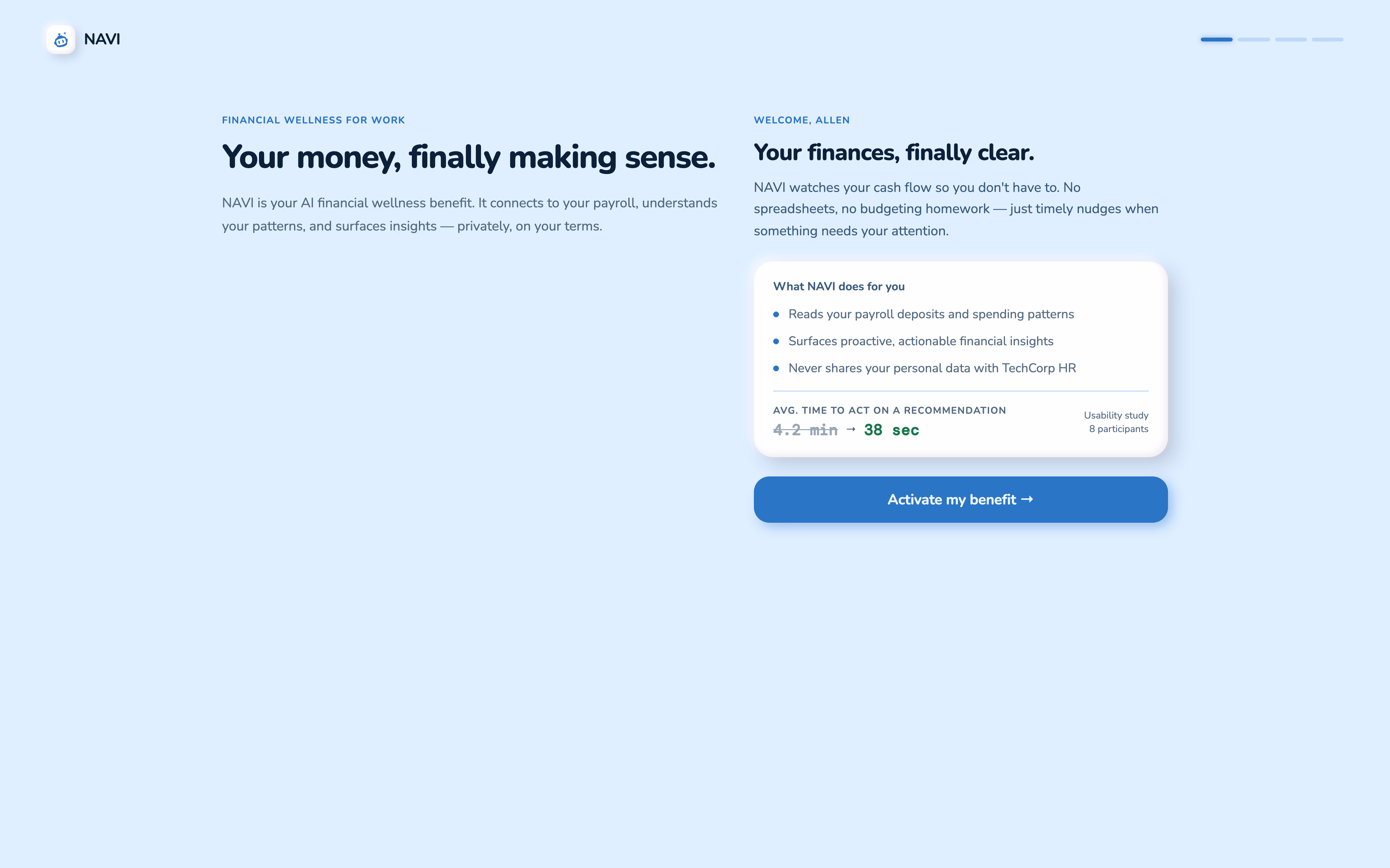 NAVI onboarding, four-step workspace with a distinct composition per step and an integrated progress bar