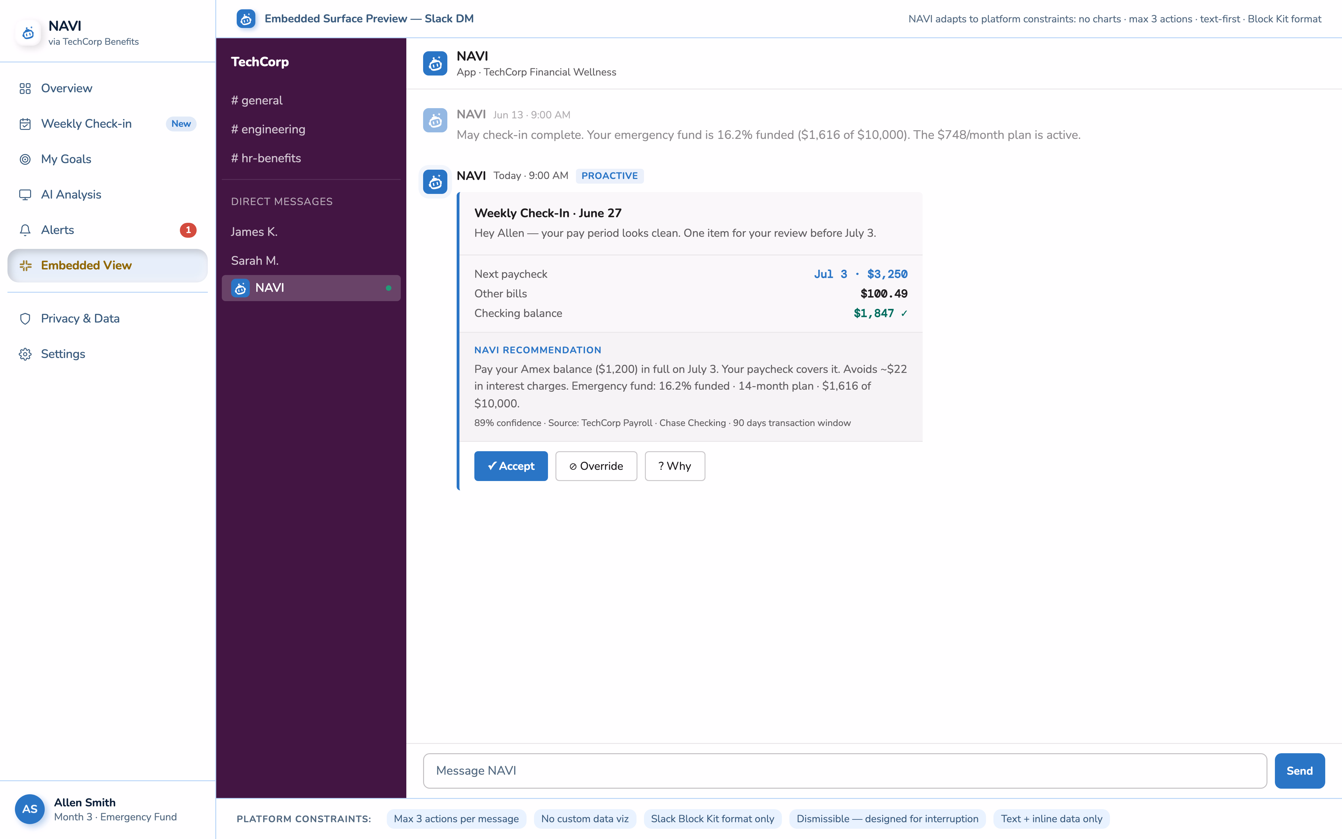 NAVI embedded Slack view, Block Kit simulation with platform constraint annotations
