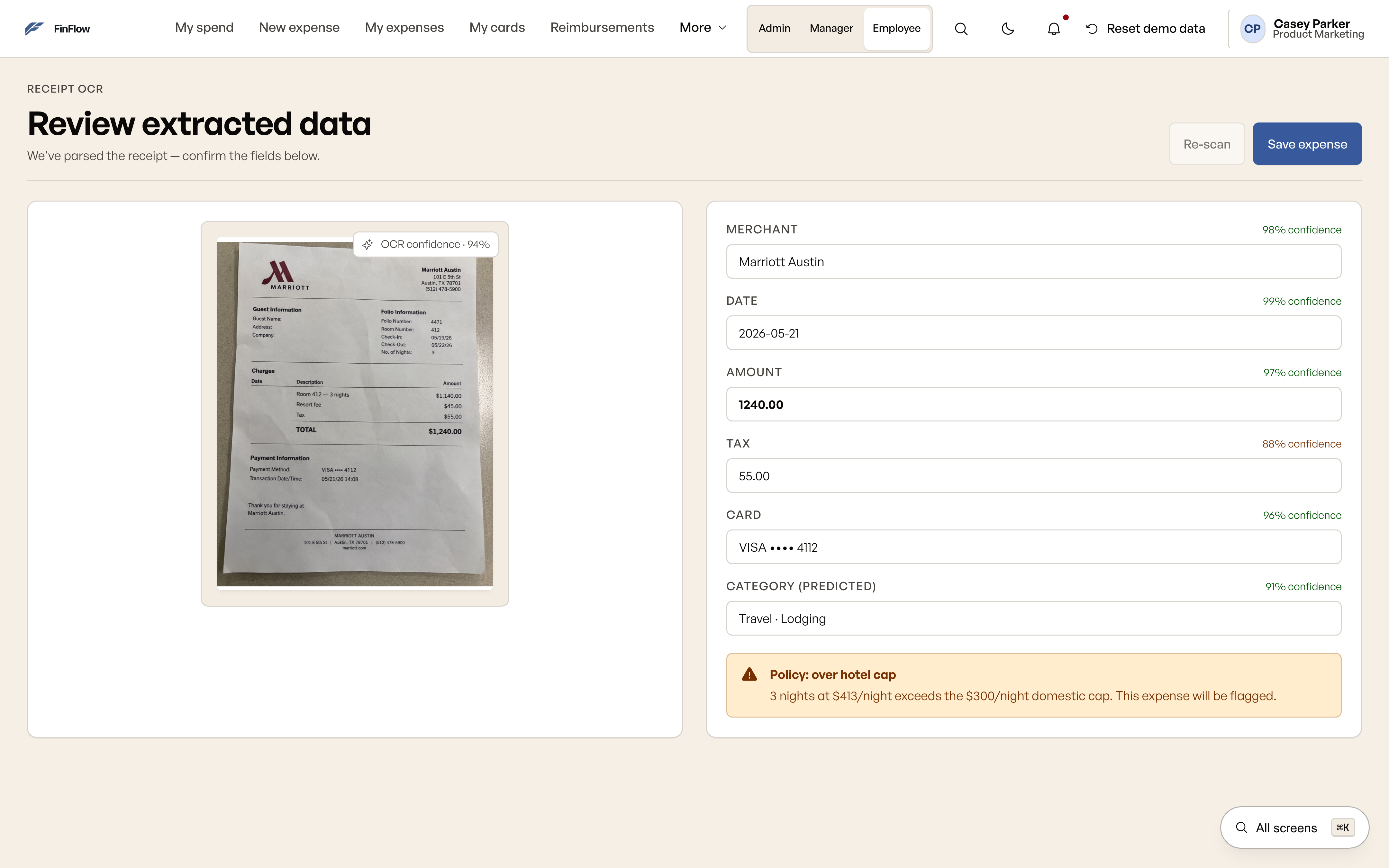 Receipt OCR review with extracted amount and confidence information