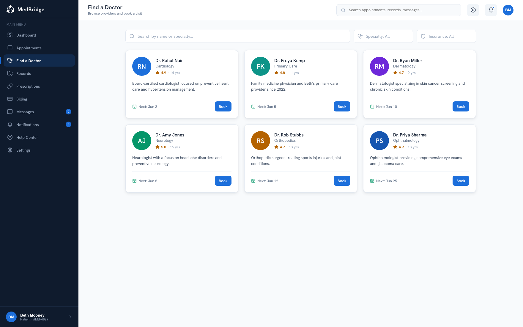 Find a doctor, search and book providers by specialty