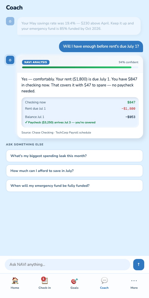 Mobile coach, conversational AI with NAVI Analysis card and confidence score