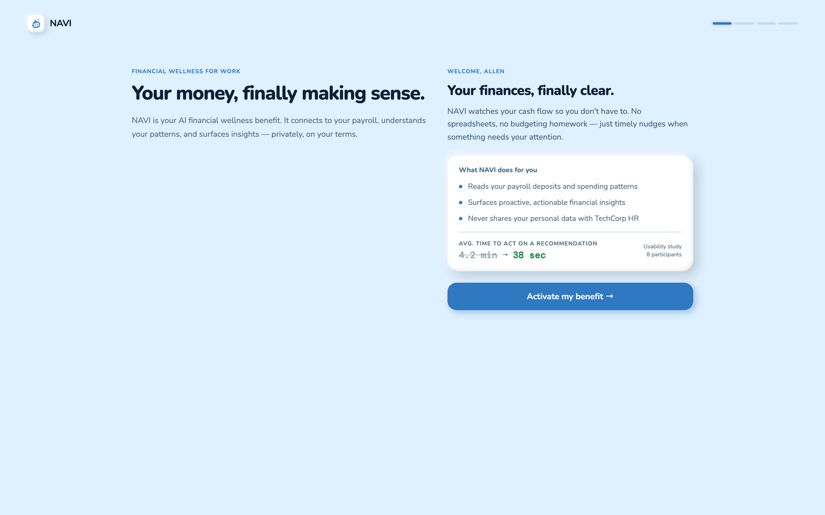 NAVI onboarding, four-step workspace with a distinct composition per step and an integrated progress bar