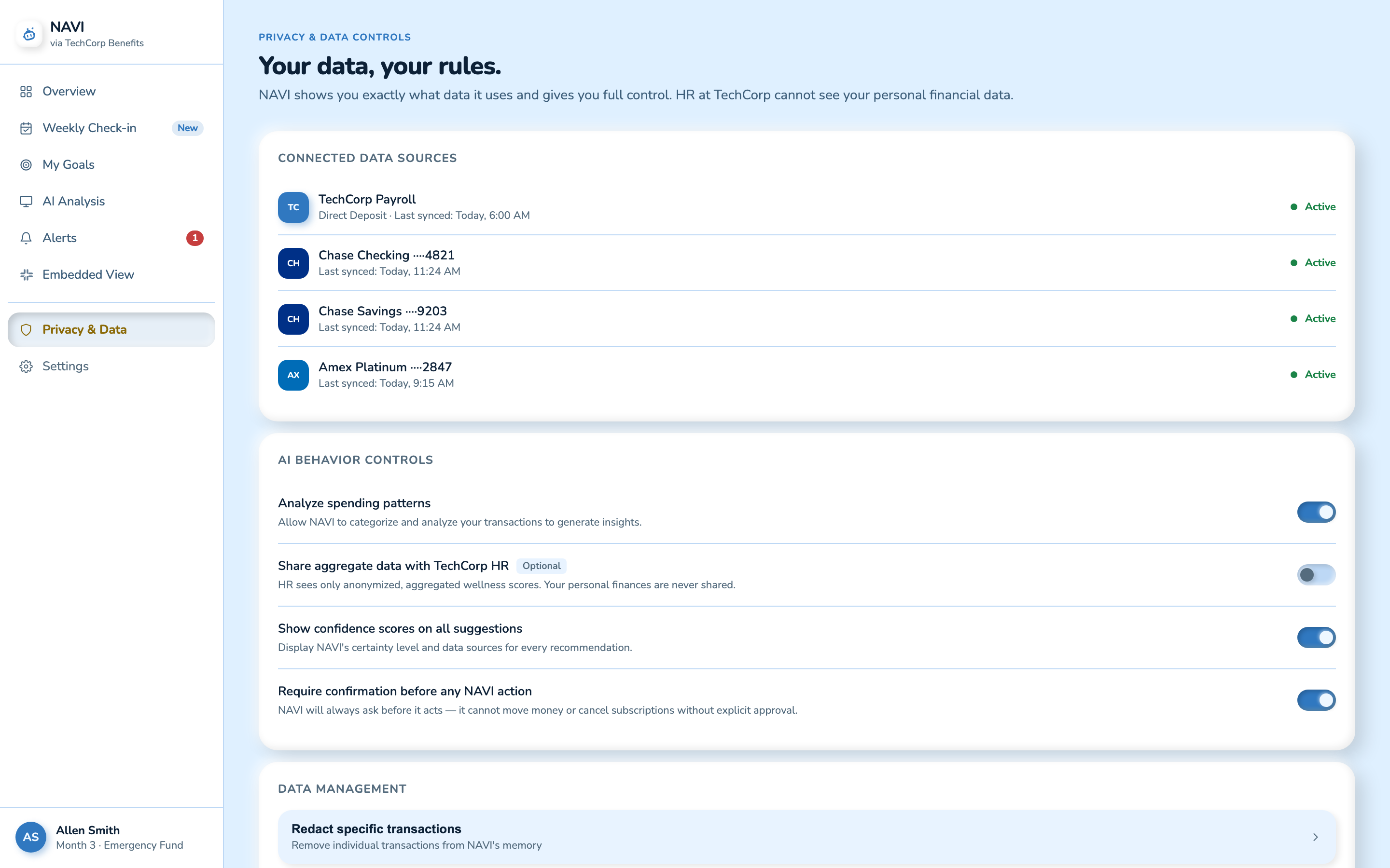 NAVI privacy and data controls, connected sources, AI behavior toggles, and data management