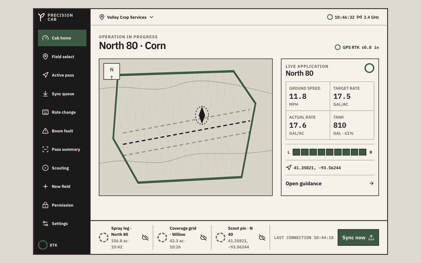 Final cab home screen with live field map, telemetry panel, and boom diagram